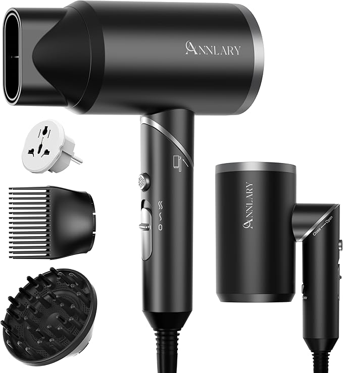 ANNLARY Dual Voltage Travel Hair Dryer with Diffuser &amp Comb 1800W Portable Foldable Blow Dryer Plasma Ionic Hairdryer for Frizz Control &amp Shine Low Noise 110V-120V/220V-240V European Use