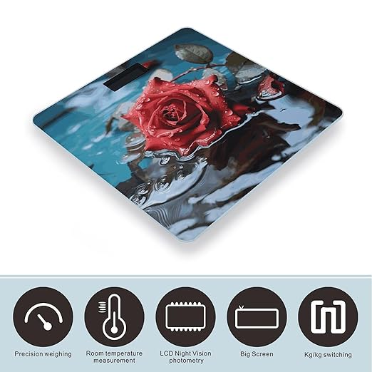 Red Rose in Water Scale for Body Weight Anti-Slip Digital Bathroom Scale Sturdy Toughened Glass Weighing Scales High Precision Safe Rounded Corners Smart Scales