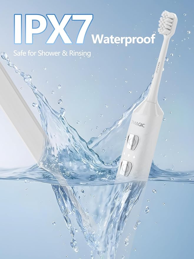 7MAGIC Sonic Electric Toothbrush for Adults and Kids - Up to 180 Days Runtime 42000 VPM Powered Toothbrush 5 Modes &amp 3 Intensities for Sensitive Teeth &amp Braces Includes 8 Brush Heads White