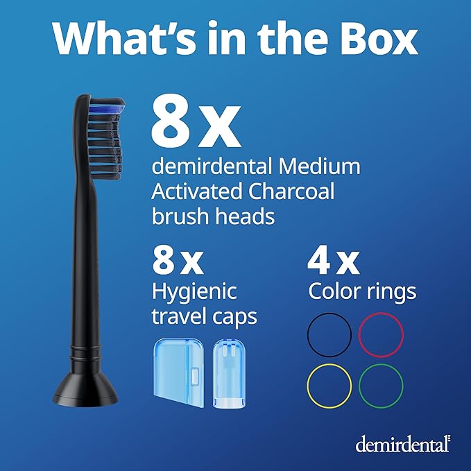 demirdental Active Charcoal Medium Replacement Brush Heads Compatible with Philips Sonicare – Black Toothbrush Heads for Natural &amp Precision Cleaning – Replaces HX9058MB – 8 Pack