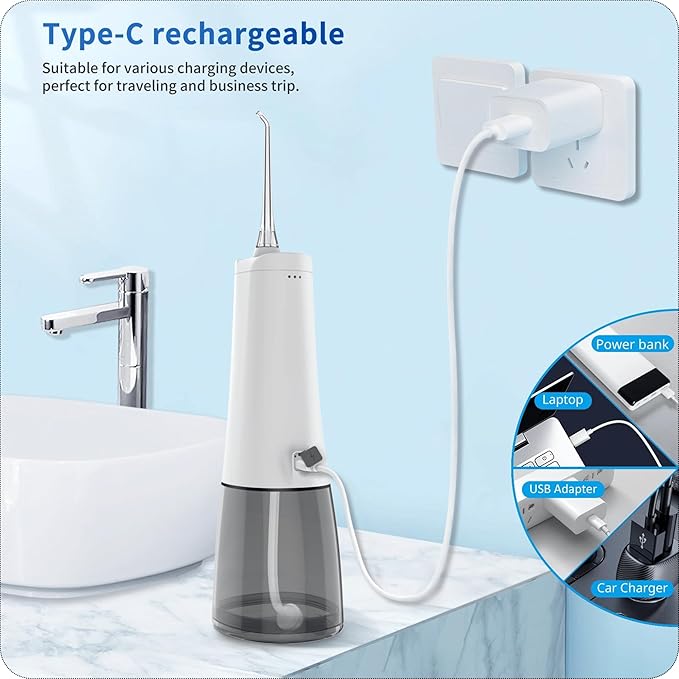 Sadat Cordless Water Dental Flosser – 9 Modes LED Screen 300ML Portable Oral Irrigator Rechargeable &amp IPX7 Waterproof Teeth Cleaning Picks for Home &amp Travel White