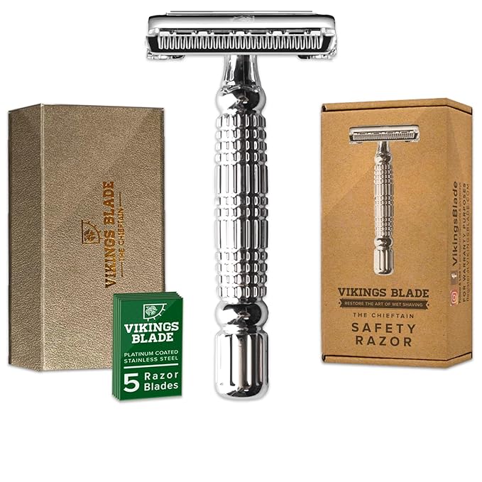 VIKINGS BLADE Double Edge Safety Razor for Men + 5 Swedish Steel Blades + Luxury Case. Smooth Reusable Eco-Friendly (The Chieftain)