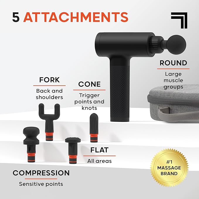 Sharper Image Deep Tissue Percussion Massage Gun Powerboost Rechargeable Handheld Massager 6 Adjustable Speeds 5 Attachment Heads &amp Carrying Case Full Body Muscle Pain Relief Black