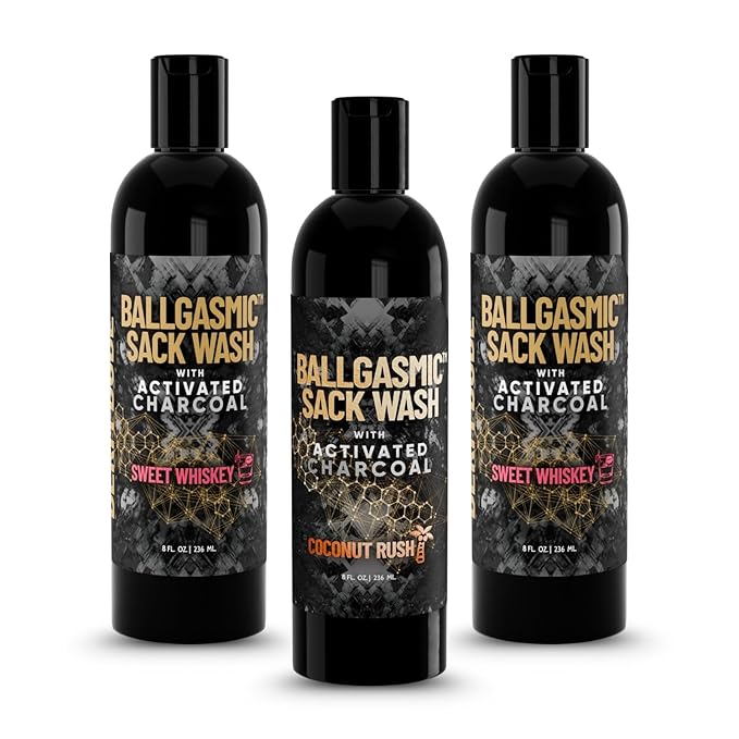 Derm Dude BallGasmic Ball Wash for Men – Sweet Whiskey (2 Pack) + Coconut Rush (1 Pack) | Anti-Chafing Charcoal Body Wash for Groin Care &amp Odor Defense – 3 x 8oz