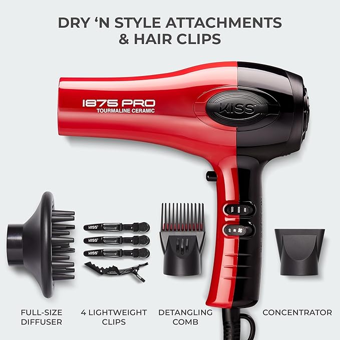 KISS 1875 Watt Pro Tourmaline Ceramic Hair Dryer Styling Edition 3 Heat Settings 2 Speed Settings Cool Shot Button 7 Blow Dryer Accessories Included 2-Year Warranty - Red
