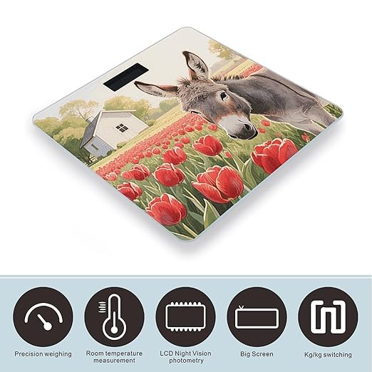 Donkey and Red Flower Weight Scale Large Digital Bathroom Scales with Bright LED Display Non Slip Digital Scale and Step On Fashion Weighing Machine for Body