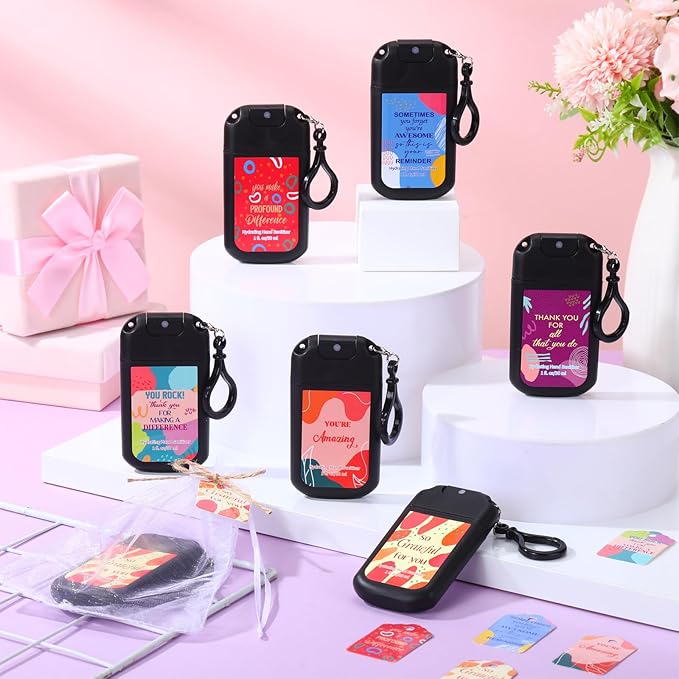 Frienda 24 Set Travel Size Hand Sanitizer Spray Bulk Portable Power Mist Thank You Mini Hand Sanitizer Employee Appreciation Day Gifts for Teacher Coworker Team Women's Day (KeychainBlack)