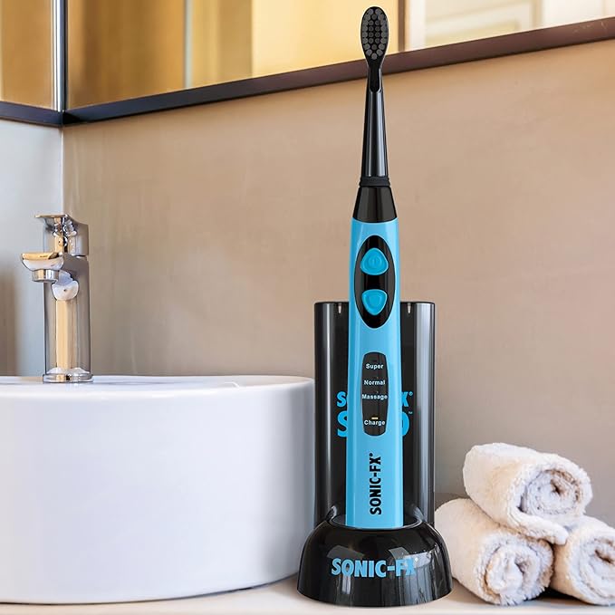 Sonic-FX Solo Electric Toothbrush w/ 10 Brush Heads + 1 Interdental Charcoal Bristles Rechargeable Charging/Storage Base 3 Brush Modes Smart Timer 2 Months Use on Full Charge Blue Color