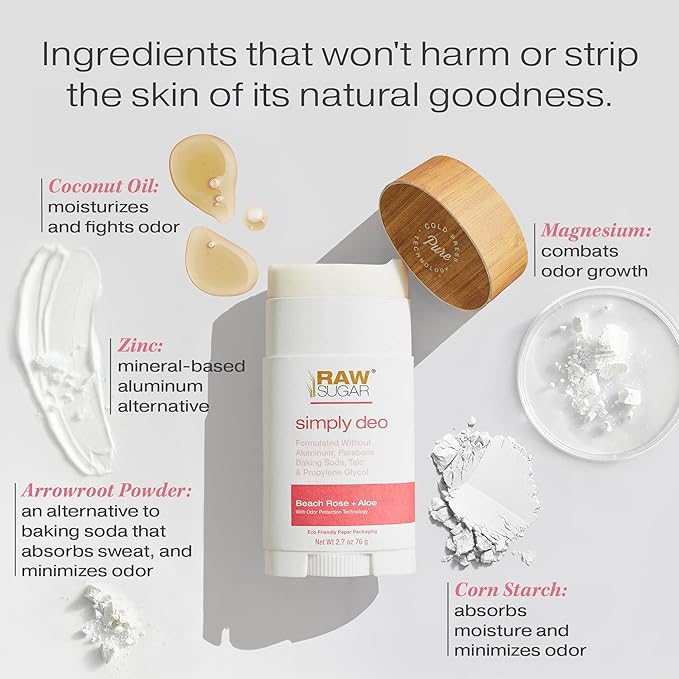 RAW SUGAR Aluminum Free Deodorant Stick Simply Deo Bundle (Pack of 3) Whole Body Deodorant for Women &amp Men Clean Formulated without Aluminum Baking Soda Talc &amp Parabens Beach Rose + Aloe