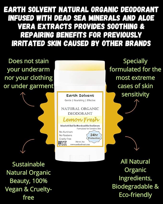 Magnesium Deodorant Vegan Natural Organic Dead Sea Minerals &amp Aloe Vera For Sensitive Skin 24hr Protection Aluminum Free Paraben Free Baking Soda Free Cruelty Free - For Men &amp Women (Lemon