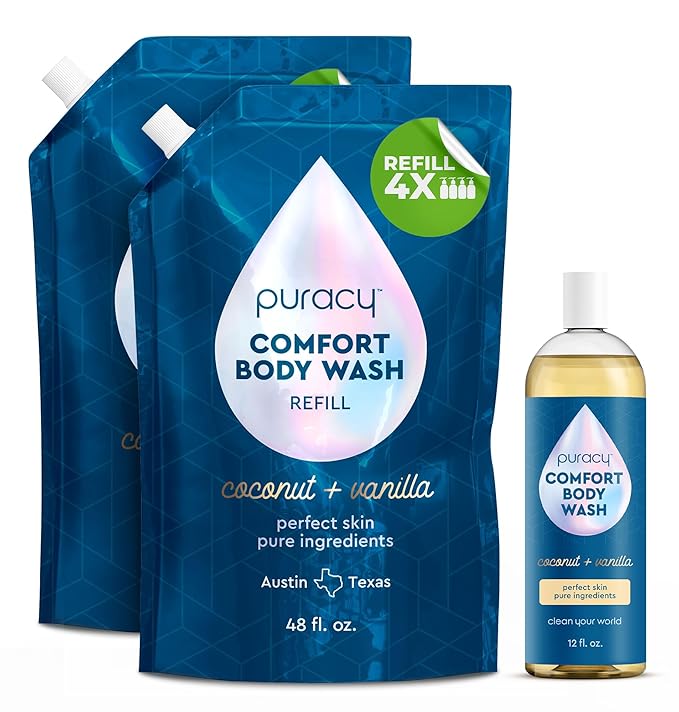 Puracy Body Wash Natural Body Wash 98.6% Pure Plant Ingredients Moisturizing Shower Gel for Women Men Kids Body Soap for Dry Sensitive Skin. Coconut &amp Vanilla 48 Oz Pack of 2 and12 Oz