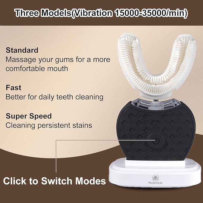 U-Shaped Ultrasonic Toothbrush for Teeth Whitening Automatic Electric Toothbrush for Adults 360-degree Cleaning Wireless Charging and IPX7 Waterproof Kit for Travel or Home(Black)
