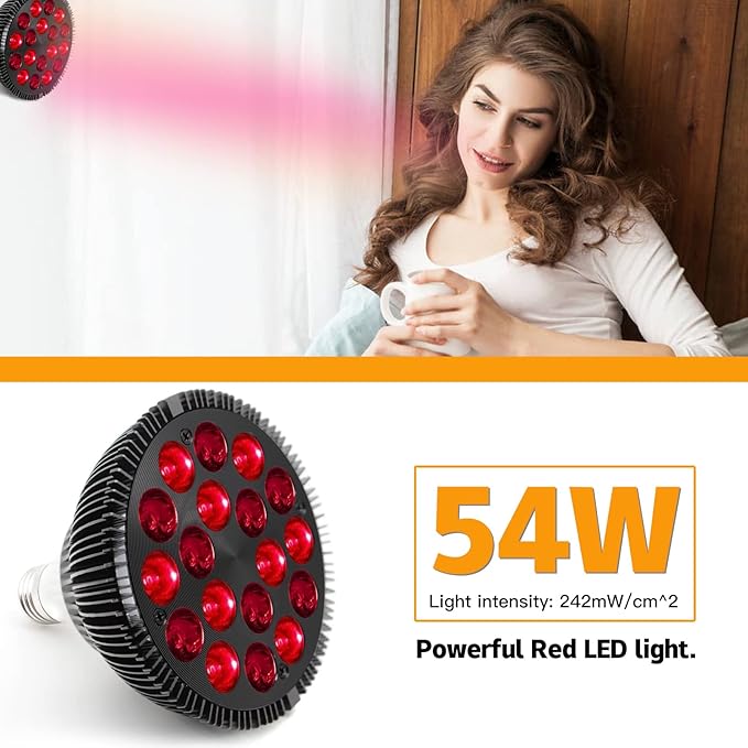 Red Light Therapy Bulb with Lamp Holder 54W 18 LEDs Infrared Light Therapy Device 660nm Red &amp 850nm NIR Combo Red Light Device for Face Skin Health and Pain Relief