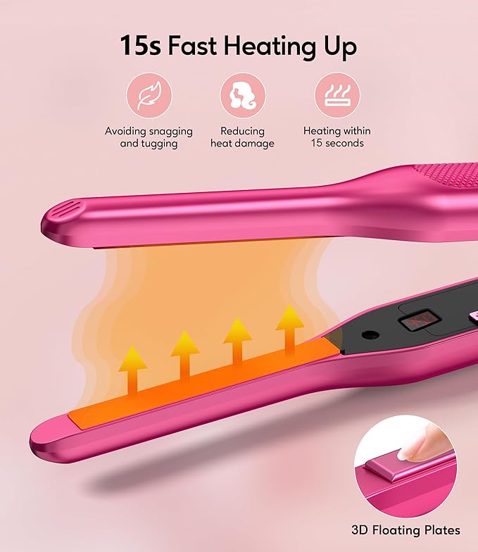 Terviiix Mini Flat Iron and Hair Straightener for Short Hair Edges and Pixie Cut - 3/10 Inch Skinny Pencil Straightener for Black Women's Baby Hair LCD Digital Display Dual Voltage Pink