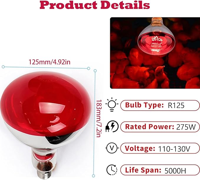275W Infrared Heat Bulbs for Chickens Infrared Heat Lamp for Food Service Brooder Bulb Chicks Reptiles Pet Bathroom Sauna Heat Light Bulb E26 110V Infrared Red Light Therapy Bulbs4 Pack