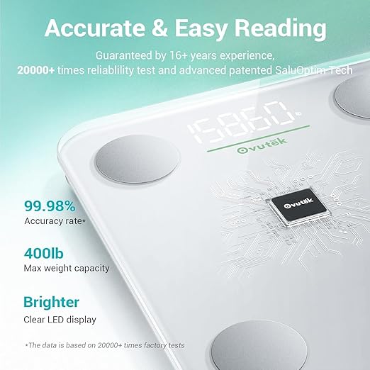 Ovutek Smart Scale for Body Weight Digital Bathroom Scale BMI Weighing Body Fat Scale Accurate Body Composition Scale Monitor for People's Health with Smartphone App Compact Size 400lb (White)