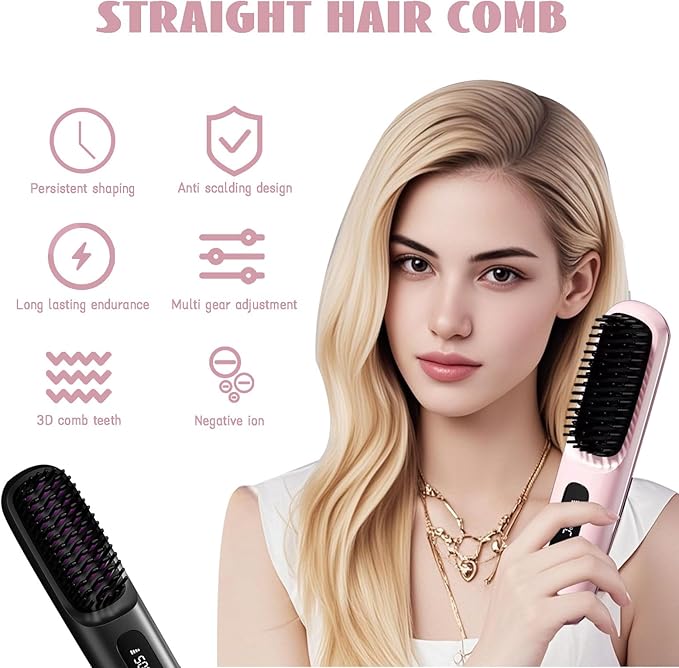 Cordless Hair Straightener Brush 7.8 Mini Hair Straightener with LCD Temperature Display Portable Hair Straightener Comb for Travel Negative Ionic Brush Straighteners for Women (Pink)