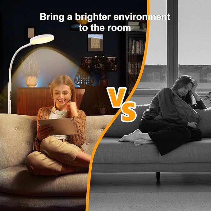 Light Therapy Lamp 3 in 1 Therapy Floor Lighting 11000 Lux Full Spectrum Therapy Lamps UV-Free LED Sunlight 10 Brightness/5 Color/Gooseneck/Height Adjustable Timer Control White