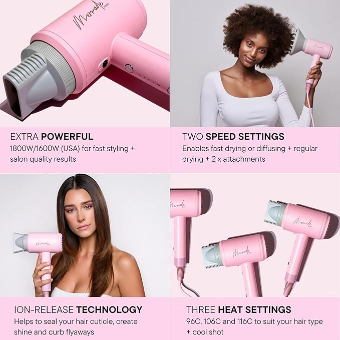 Mermade Hair Dryer - Blow Dryer Hairdryer Curly Hair Dryer Professional Blowdryer for Fast Drying Styling Blowout Compact &amp Portable Works on All Hair Types - Pink (Pack of 1)