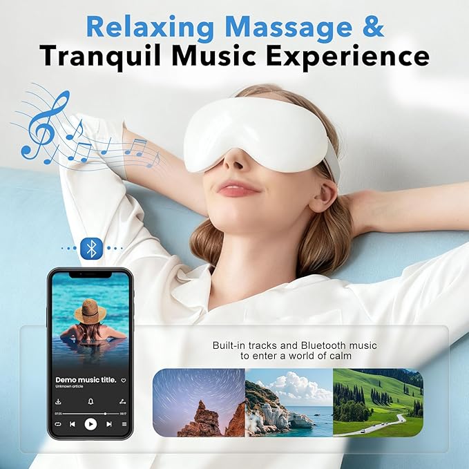 Eye Massager with Heat and Cooling for Migraines – 14 Massage Nodes for Eye Strain Relief Rechargeable Bluetooth Music Improve SleepEye Strain Relief Birthday Gifts for Women and Men(White)