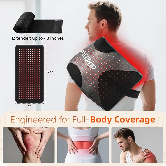 CRAZYTECH Red Light Therapy Pad for Body 24x12 Large 48W High Power Infrared Heating Blanket with 240 LEDs Near Infrared Mat Wrap for Back Shoulder Knee &amp Dogs 5 Levels 3 Modes