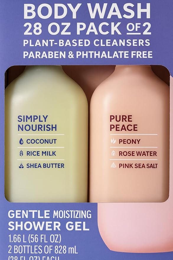 Plant-Based Body Wash Set 2 Pack (56oz Total) - Paraben Free Moisturizing Shower Gel - Coconut Shea Butter &amp Rose Water - Sensitive Skin Safe