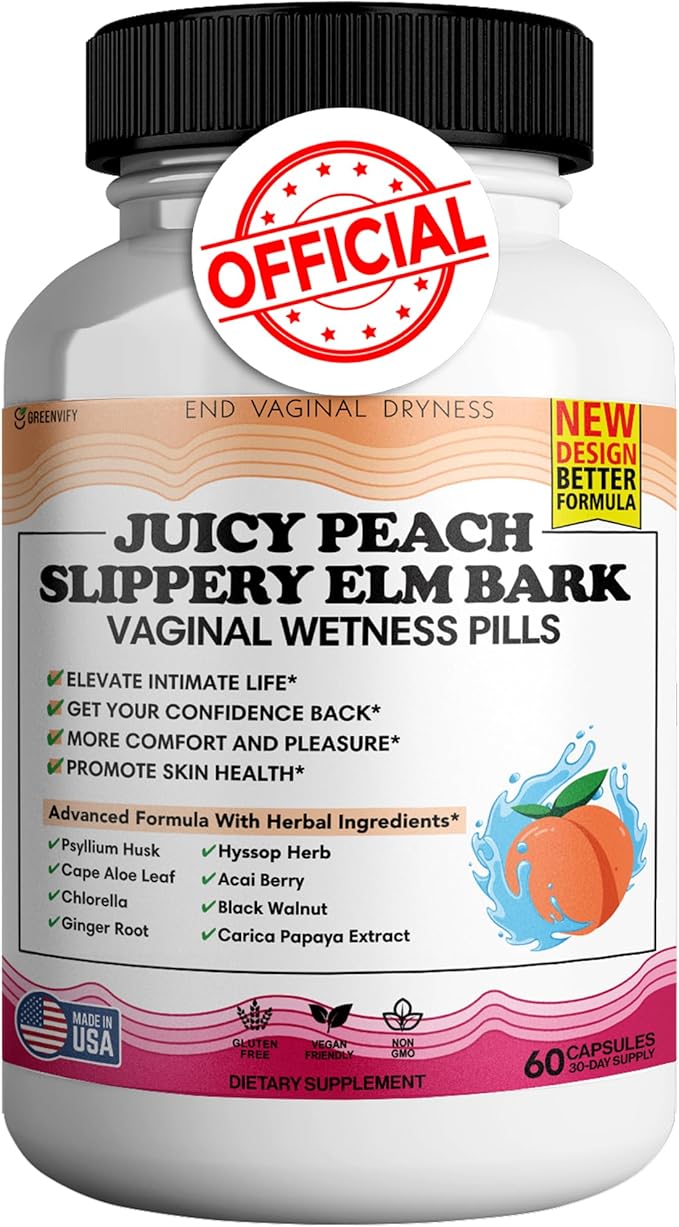 Juicy Peach Slippery Elm Bark Vaginal Dryness Moisturizer Feminine Care for Women End Vaginal Dryness with Slippery Elm Bark | Feminine Care for Vaginal Health Made in USA 60 Cap