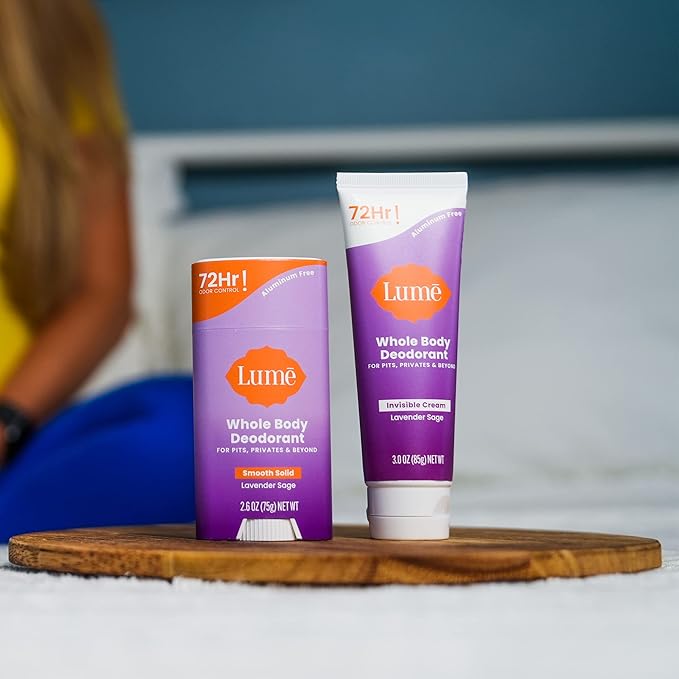 Lume Whole Body Deodorant - Invisible Cream and Solid - 72 Hour Odor Control - Aluminum Free Baking Soda Free Skin Safe - 3.0 Ounce Cream and 2.6 Ounce Solid Bundle (Lavender Sage)