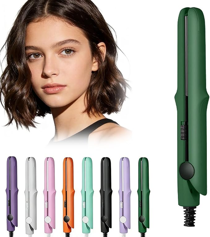 2026 New Mini Dual Purpose Curling Iron 2 in 1 Hair Straightener and Curler Portable Travel Flat Iron for Short Hair Ceramic Small Hair Styling Tool with Fast Heating (Dark Green)