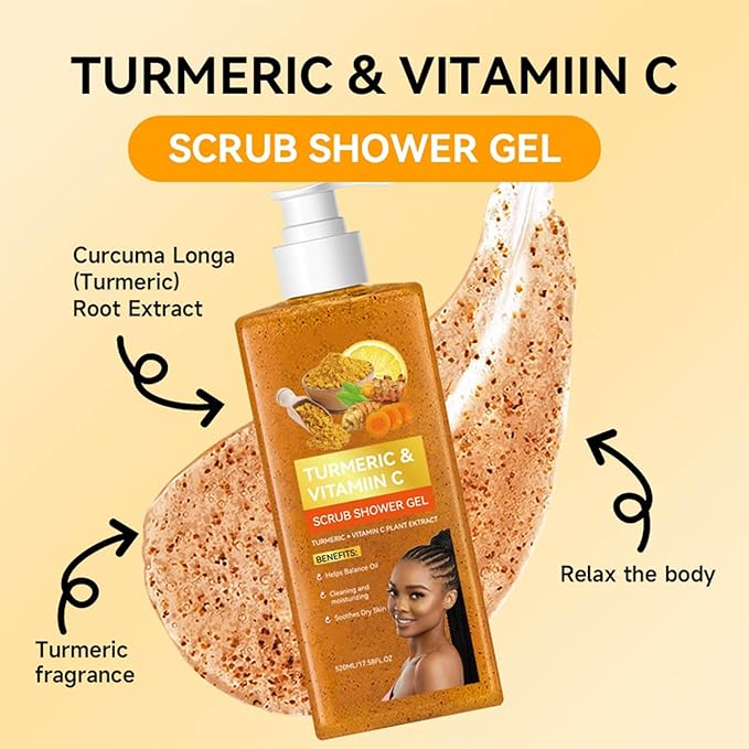 Turmeric Vitamin C Scrub Body Wash - Moisturizing Hydrating Exfoliating Body Wash Deep Cleansing Evens Skin Tone Improves Texture Gentle Exfoliating Shower Gel for All Skin Types 17.58 oz