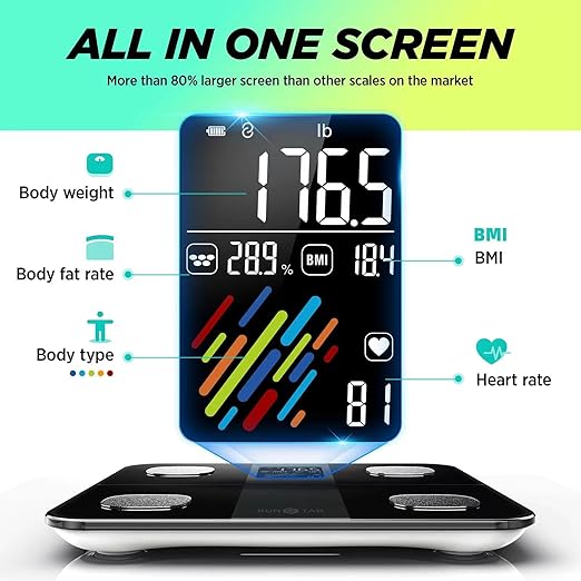 RunStar Smart Scale for Body Weight and Fat Percentage High Accuracy Digital Bathroom Scale with Large Display for BMI Heart Rate 22 Body Composition Analyzer Sync with Fitness App 400lb