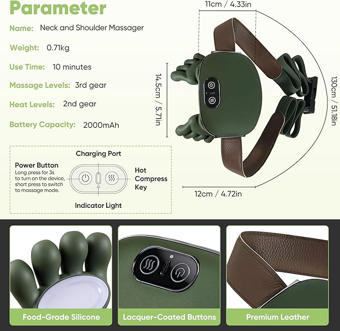 Shoulder and Neck Massager Bionic Heated Massager Neck Massager with Fingers 4D Kneading Massage Simulates a Real Palm Massage for Comfort Relax Muscle Tension (Green)
