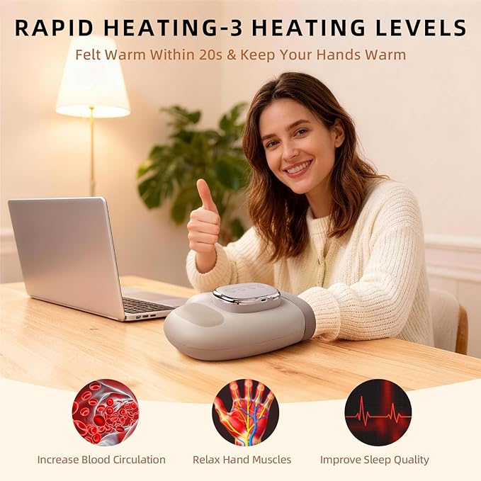 Cordless Hand Massager with Heat and Compression for Arthritis Carpal Tunnel 3 Massage Modes 3 Heating Levels 5 Intensities Hand Massage Helps Soothe Hand Fatigue Gift for Women Men