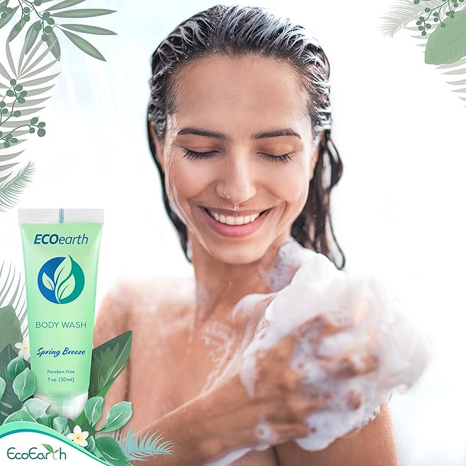 EcoEarth Travel Size Body Wash (1 fl oz 100 PK Spring Breeze) Delight Your Guests with a Revitalizing and Refreshing Hotel Body Wash Quality Mini and Small Size Guest Hotel Toiletries in Bulk
