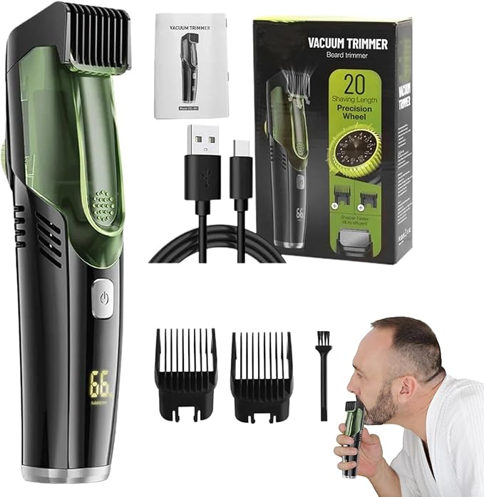 Vacuum Beard Trimmer for Men | IPX6 Waterproof Clipper Precision Beard Shaver Rechargeable Grooming Tool | 2 Adjustable Combs Portable Lightweight Design Quiet | Mustache Sideburns Facia