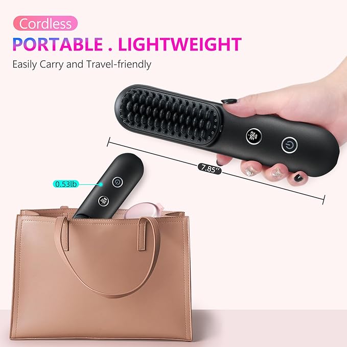 LCD Screen Cordless Hair Straightener and Curler 2 in 1 Rechargeable Portable Mini Travel Negative Ionic Hair Straightening Brush for Women Fast Heating Hot Comb for Women Black