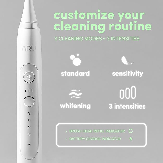 ARU Sonic Toothbrush Starter Kit with Customizable Modes and 2 Minute Timer ADA-Approved Electric Toothbrush for Adults Soft Toothbrush for Gums 45+ Days Battery Travel Case Arctic White