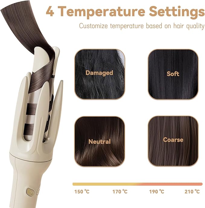 Automatic Curling Iron Rotating Curling Iron with 4 Temps &amp Display Screen 40S Fast Heating Hair Curlings Wand Anti-Tangle Anti-Scald Wave Curling Irons Ceramic Hair Curler for Women (Yellow)