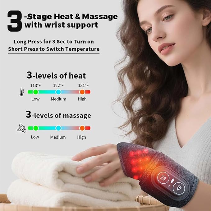 Rechargeable Adjustable Electric Wrist Massager Cordless Wrist Heating Pad Massager Muscle Stimulator with 8 Modes 30 Intensity Wrists Tendon Heating Pad for Hand Relaxing (B2)