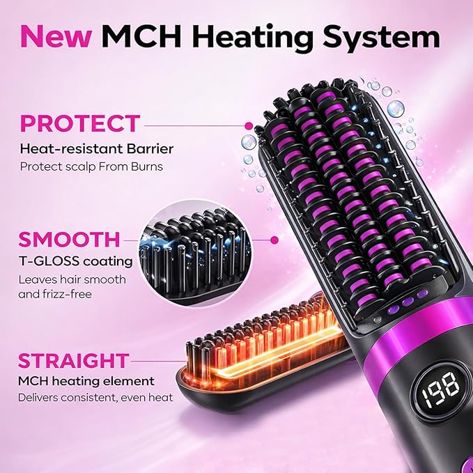 2026 New Cordless Hair Straightener Brush Portable Rechargeable Straightening Comb with LCD Display 3 Temperature Settings Fast Heating Anti-Frizz Hair USB Rechargeable Travel Hair Brus（Black）
