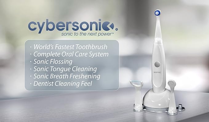 Cybersonic3 Electric Toothbrush Rechargable Power Toothbrush with Complete Dental Care Kit Including Tongue Scraper and Floss Heads