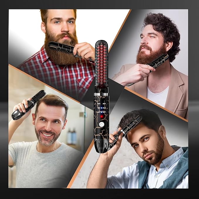 Beard Straightener for Men Cordless Heated Beard Brush Portable Beard Hot Combs Ionic Mini Hair Straightener with 3 Temp Settings Coarse Curly Hair Brush Grooming Kit for Men