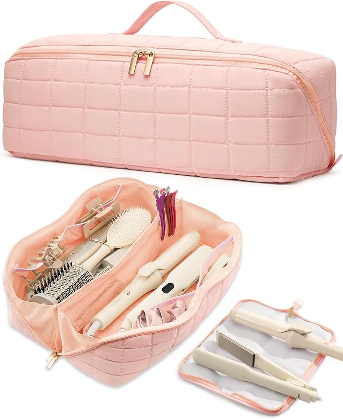 Hot Tools Travel Case with Heat Resistant Mat Pouch Large Hair Tool Organizer Bag for Curling Iron Flat Iron Hair Dryer Hot Air Brush Water Resistant Makeup Bag Gift for Women Pink