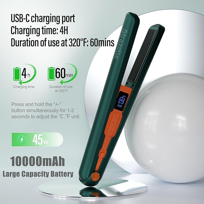 Cordless Hair Straightener 10000mAh Rechargeable Flat Iron Portable Travel Straightener with Negative Ion LED Screen &amp 3D Floating Plates 4 Adjustable Tempe 2 in 1 Straightener and Curler
