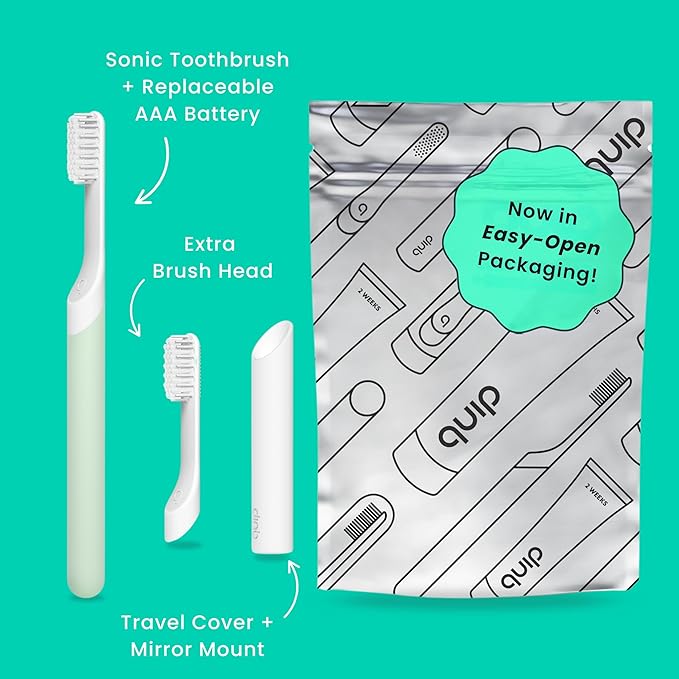 Quip Sonic Electric Toothbrush for Adults - Time Travel &amp Soft Bristles with Travel Case &amp Replacement Brush Head - 3 Month Battery Life Plastic Handle - Sage