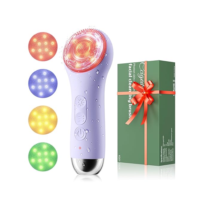 Face Scrubber Facial Cleansing Brush - Waterproof and Rechargeable Face Cleansing Brush with 4 LED Gentle Light Cleansing Exfoliating and Massaging Electric Face Scrub Brush for Men &amp Women