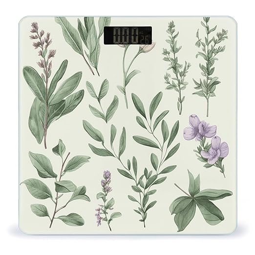 Green Flower Herb Sage Leaves and Branches Scale for Body Weight High Precision Digital Weight Scales with LCD Display Anti-Slip Sturdy Slim Tempered Glass Bathroom Scale for Home Use