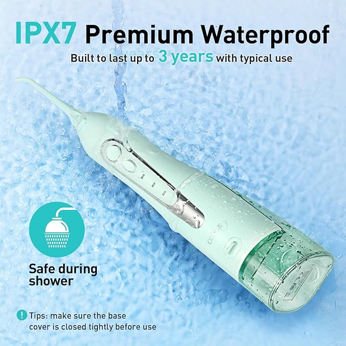 COSLUS Water Dental Flosser Teeth Pick C20(F5020E): Portable Cordless Oral Irrigator 300ML Rechargeable Travel Irrigation Cleaner IPX7 Waterproof Electric Flossing Machine for Teeth Cleaning Green