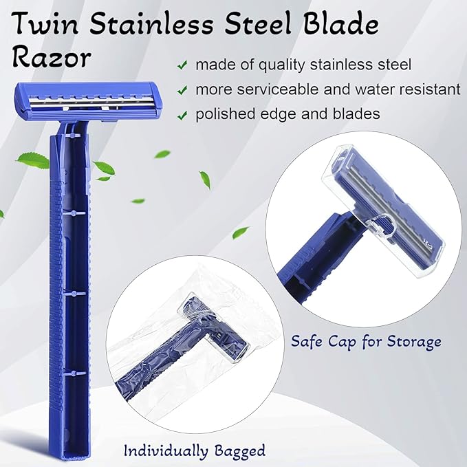Chumia 500 Pcs Disposable Twin Blade Razor Shaving Safety Razor for Men Individually Wrapped with Clear Safety Cap Bulk Packed Portable for Hotel Guest House Travel Home Use(Blue)