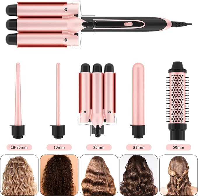 5-in-1 Curling Iron Set Includes 3 Curling Irons and 4 Interchangeable Ceramic Barrels Dual-Voltage Wavy Curling Iron Comes with Protective Gloves and Hair Clips (0.3–1.5 inches) Rose Gold